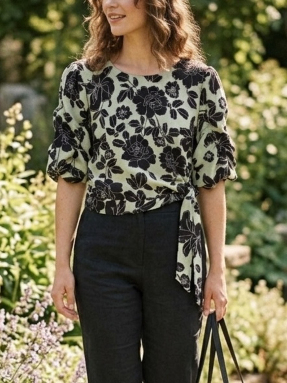 Milk & Honey Green Black Floral Blouse. Tie Waist Smocked. Size Large